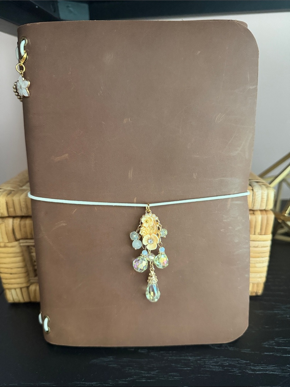 TRACE Brown Leather A5  Journalwith Gold & Crystal Frount Charm & 2 side charms